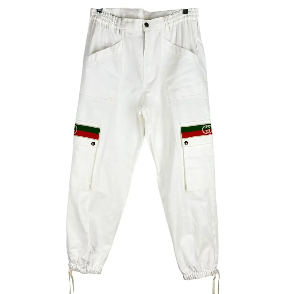 New Gucci Off White Canvas Pressed Cotton Cargo Pants Size 50